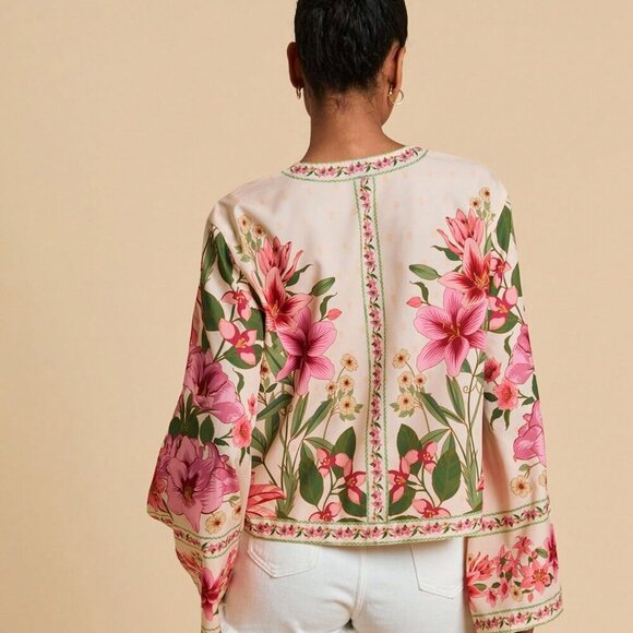 Boho Womens Floral Print Long Sleeve tie detailed Blouse Shirt - Picture 2 of 5